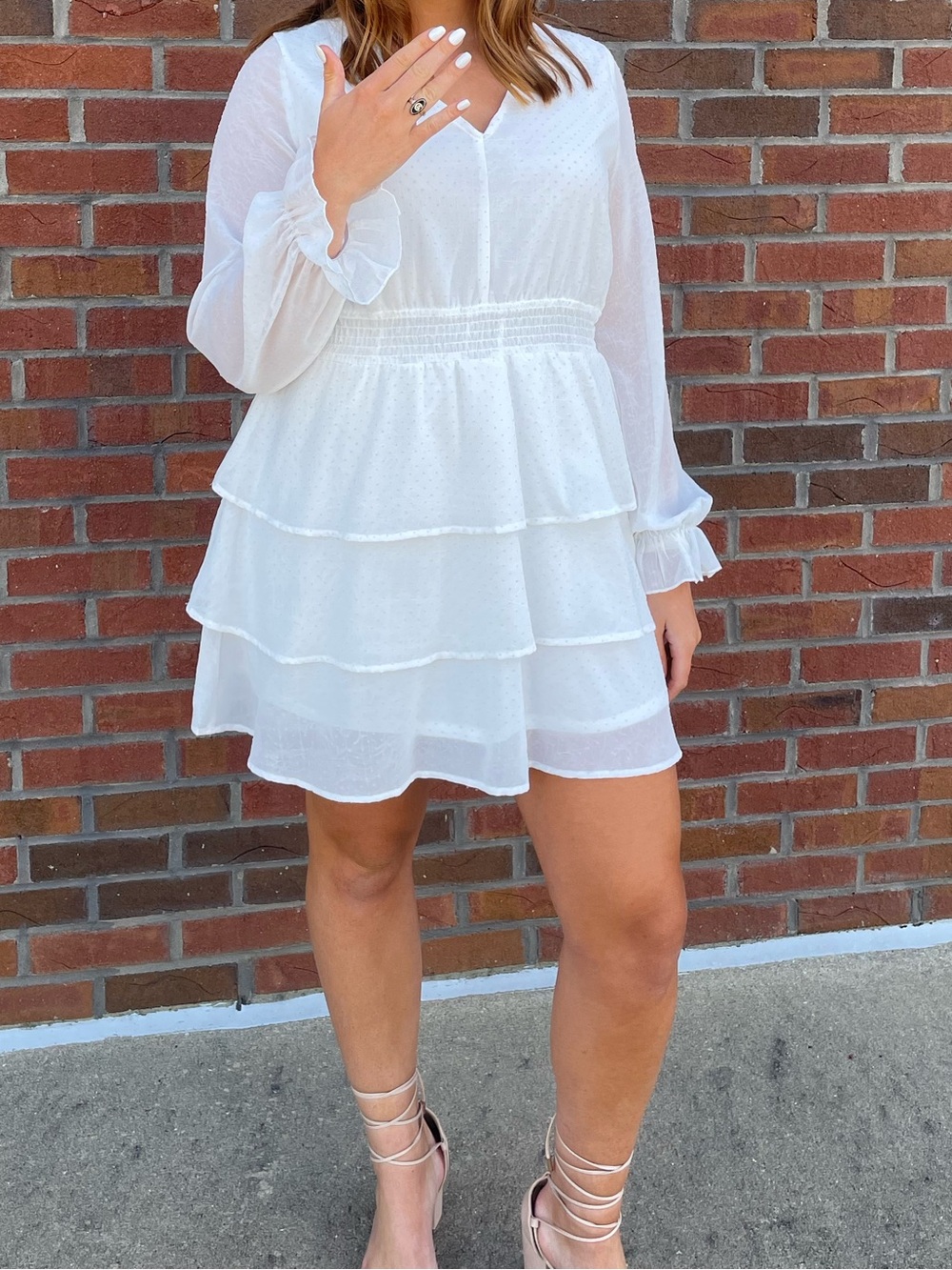 Peach Love California White Tiered V-Neck Mini Dress